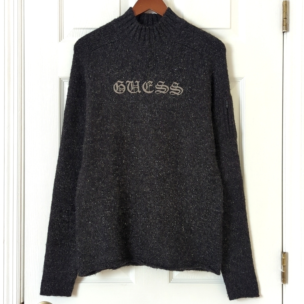 Guess Y2K Vintage Gothic Script Marled Knit Wool Blend Mock Neck Sweater Gray M